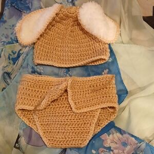 Tan and White Crochet Hat with Fluffy Accents